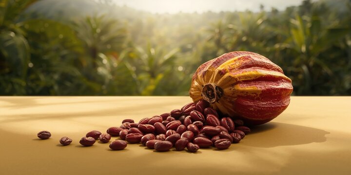 Raw cocoa beans and fruits growing on a plantation, highlighting sustainable farming methods, Earth Day