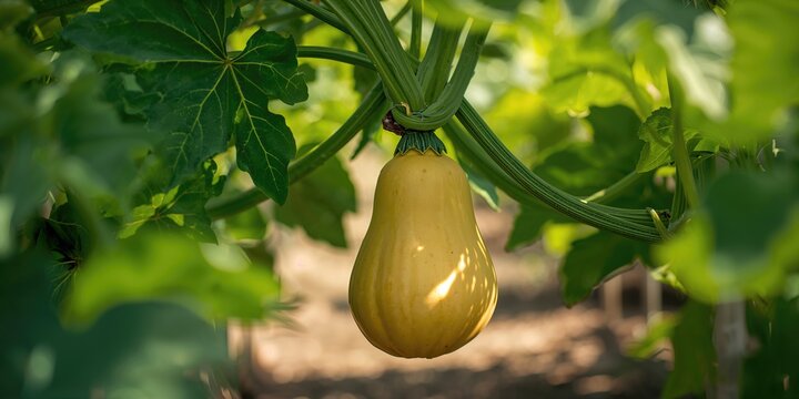 Butternut squash plant with mature fruit in natural setting, seasonal harvest practices
