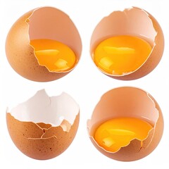 Four cracked eggs, vibrant yolks, tan shells