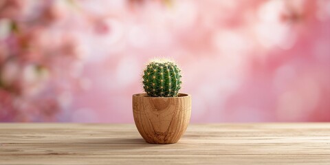 Colorful Gymnocalycium cactus displayed on a table with a soft-focus garden backdrop, highlighting indoor plant care