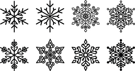 A vector collection of intricate, black outline snowflakes featuring various unique geometric shapes and swirling designs, perfect for winter, Christmas