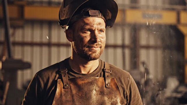Grimy Welder Lifts Mask, Revealing Determined Face Amidst Industrial Workshop Smoke