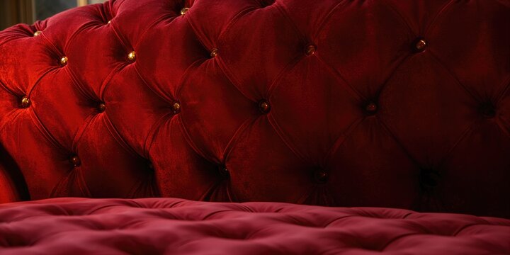 Close-up of dark red velvet fabric featuring a diamond-tufted pattern with button accents, suitable for furniture upholstery