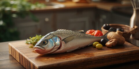 Fresh Keta Fish on a kitchen board with vegetables and olives, highlighting healthy seafood choices