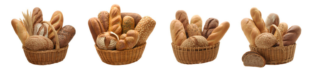 Various kinds of fresh homemade whole grain breads & buns in baskets isolated on transparent PNG background. loaf dark flour, healthy food.
