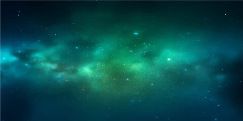 Blue abstract night sky background with bright glowing stars, universe, and galaxy nebula for text