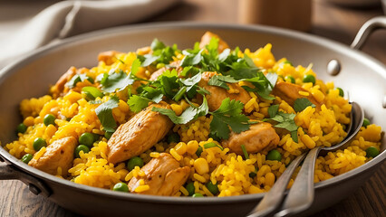 Galinhada mineira photographed in deep metal pan with vibrant yellow rice and fresh herbs under natural farmhouse lighting