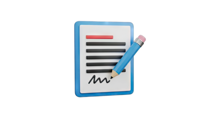 3D Illustration of a Document with Lines and a Pencil Signing a Signature on a Transparent Background