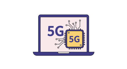 Laptop screen displaying 5G text and a circuit board chip labeled 5G