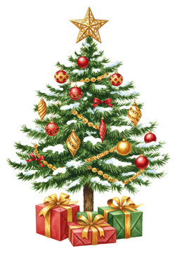a traditional noble fir christmas tree, richly decorated with golden star and deep red spheres, watercolor painted on a white background with copy space. concept of christmas tradition and festive