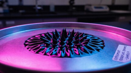 Abstract macro of black Ferrofluid magnetic liquid forming spiky shapes with neon lighting
