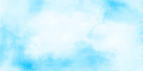 Beautiful abstract watercolor sky blue background with fluffy white clouds, bright natural summer light, and clear atmosphere