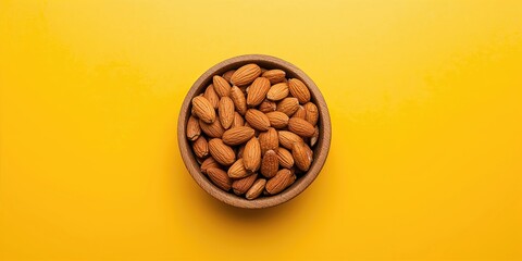 Nuts almonds arranged on a bright yellow surface for snack preparation, focusing on natural ingredients