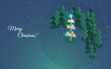 Christmas tree surrounded by green trees with light decorations in a winter setting at night