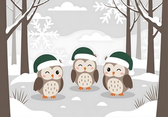 Adorable Cartoon Owls Wearing Holiday Hats in a Snowy Winter Forest Scene.