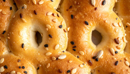 Close-up view of freshly baked golden bread or bagel-like pastries generously topped with a mix of sesame and sunflower seeds.