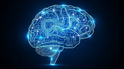 Glowing blue circuit board brain on dark background with light flares technology artificial intelligence