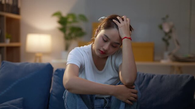 Sad young asian woman sitting alone on the sofa at night. Unhappy person feeling depressed, anxious, and stressed from personal problems