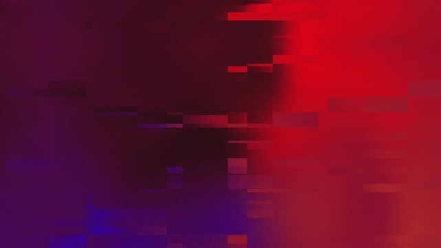 Glitchy horizontal digital gradient with red to purple tones, dark center and scattered pixel bars.