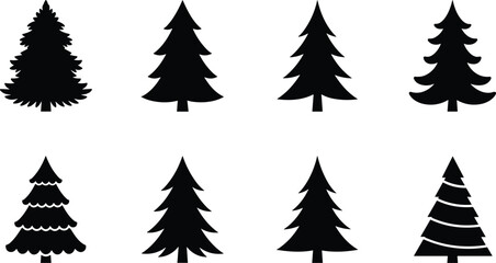 Obraz premium Set of stylized geometric and naturalistic black Christmas tree shapes, ideal for creating festive backgrounds, greeting cards, or decorative elements.