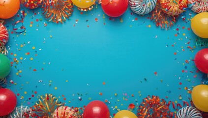 Bright party decorations with balloons, streamers, candy, and confetti framing a blue backdrop for celebration themes