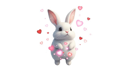Cute fluffy baby white rabbit illustration surrounded by pink and red floating hearts isolated PNG with Transparent Background
