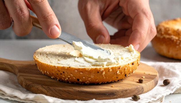 A person's hands spreading creamy white cream cheese onto a freshly sliced bagel on a wooden cutting board.