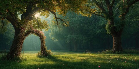 Lush fairy tale forest featuring large trees and vibrant greenery, suitable for digital art backgrounds, Earth Day