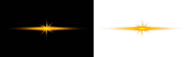 Png glowing horizontal Golden light beam with radiant lens flare and shine.Golden Lens Flare Light Effect on Black and White Background