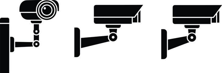 A clean vector collection of modern security, surveillance, and monitoring camera silhouettes, featuring dome and bullet styles for safety, protection