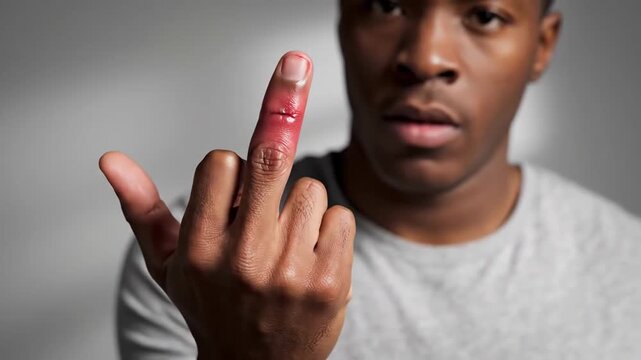 Injured Finger Reveal and Man's Reaction Expressing Discomfort and Showing Vulnerability