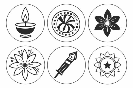 Floral Circle Emblems: Artistic monochrome illustrations of six floral and decorative elements are arranged in circular emblems, forming a visually appealing pattern.