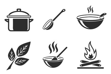 Culinary Essentials in Silhouette: A captivating collection of illustrated icons, encompassing a diverse array of culinary elements, from the simmering pot to the crackling fire.