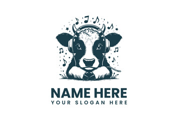 A vector illustration of a cow wearing headphones with musical notes, logo template with placeholder text on a white background.