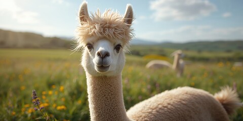 Naklejka premium Alpaca with adorable fleece on its head, highlighting natural fiber for sustainable clothing