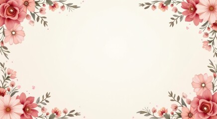 Pink flower border with green leaves and flowers copy space