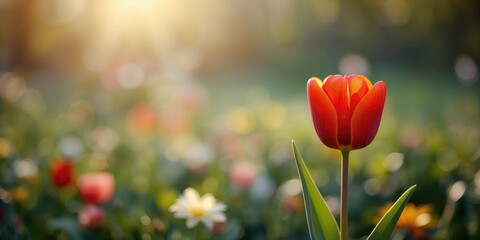 Red tulip blooming among vibrant spring flowers, suitable for seasonal nature themes, Earth Day