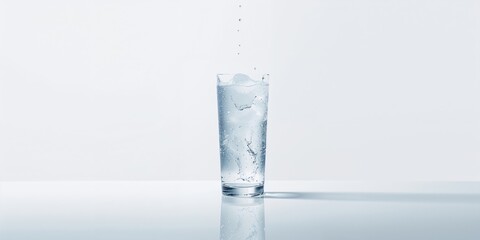 A glass of ice on a white table, refreshment for hot weather, background for beverage display