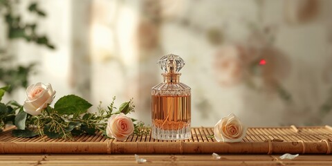 Perfume bottle for home decor featuring a floral background, suitable for interior styling or aesthetic enhancement