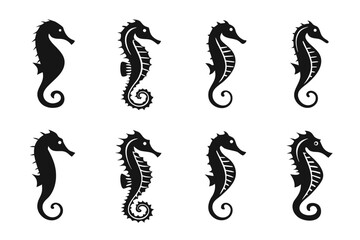 Obraz premium Ocean's Silhouette: Eight seahorses grace a tranquil space, their elegant forms painted in stark, contrasting black and inviting a sense of wonder and mystery.