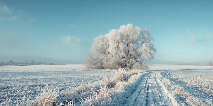 Fototapeta Snowy rural landscape with frosted trees and dirt path, illustrating winter preservation