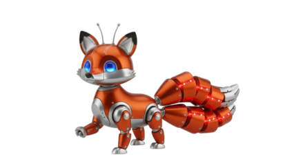 Cute futuristic robot fox 3D render with glowing blue eyes isolated PNG with Transparent Background