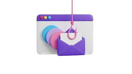 3D Illustration of a Fishing Hook Dangling From a String Suspended Over a Purple Envelope Symbolizing Phishing Scams and Cyber Threats Against a Clean Background