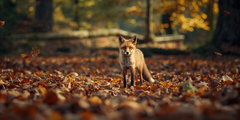 Fototapeta premium Fox paused on the forest boundary amid fall foliage, illustrating animal awareness in seasonal transition