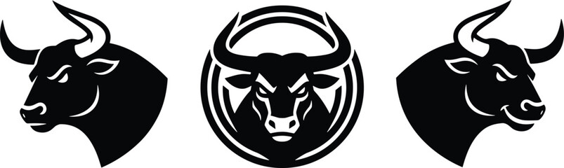 A powerful, dynamic, and stylized collection of three fierce bull and ox head silhouettes, embodying strength, aggression, and the spirit of a professional sports mascot or zodiac sign.