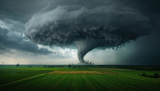 Massive tornado advancing through rural landscape, illustrating weather hazard awareness