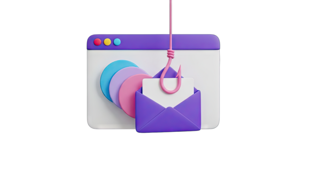 3D Illustration of a Fishing Hook Dangling From a String Suspended Over a Purple Envelope Symbolizing Phishing Scams and Cyber Threats Against a Clean Background - Powered by Adobe