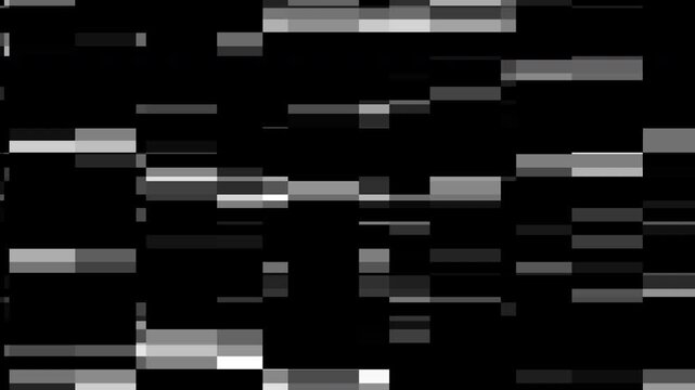 Monochrome digital glitch mosaic of staggered horizontal bars and rectangles creating static rhythm