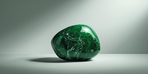 Polished jadeite gemstone on a decorative boulder, surface texture for jewelry design work