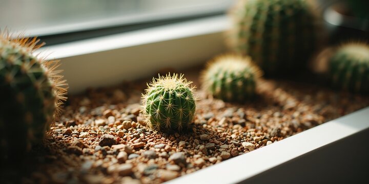 Young Lobivia haematantha WR165 seedling in mineral soil surrounded by mature cacti, illustrating desert flora propagation